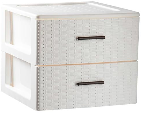 Acan Tradineur - Cajonera de ordenación Rin Rattan de plástico - 2 cajones - Torre de almacenaje multiusos, organizador auxiliar, almacenamiento, baño - 31,5 x 36,5 x 36,5 cm - Color Blanco Roto