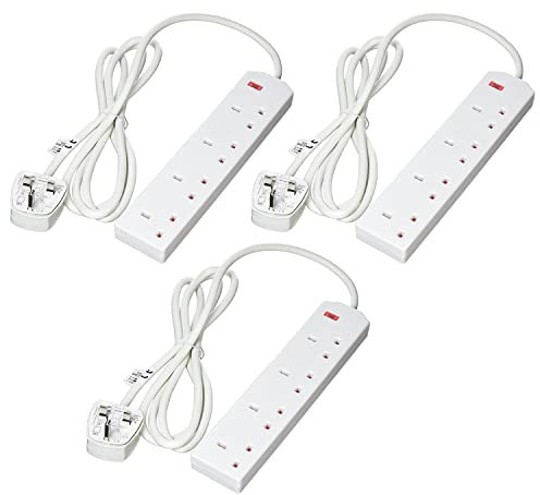 4 Way Gang Surge Protected Extension Lead 2m Plug Extension Power Strip 4 Plug Socket Power Extension Cord 2 Metre 13A Amps Power Strip Wall Hanging Extension Plug Adaptor UK Pin Cord (Pack of 3)
