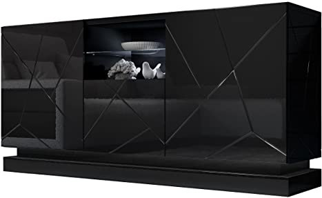 Mirjan24 Kommode Qiu 2D1K mit 7 Fächer und 3 Türen, Anrichte, Türkommode, Mehrzweckschrank, Highboard, Diele & Flur, Wohnzimmerschrank, Sideboard (Schwarz/Schwarz Hochglanz, ohne Beleuchtung)