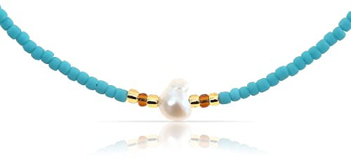 Made by Nami Designer Perlen-Choker • Damen Halskette mit Süßwasserperlen • Filigranes Perlenhalsband • Perlen-Kette Wasserfest • Handmade Strand & Surfer Schmuck (Blue Triple Pearl)