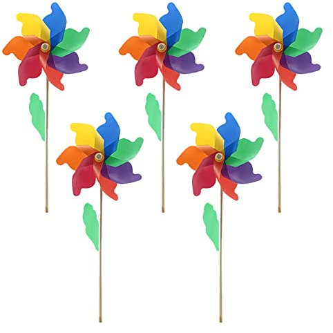 5 Stück Windspiel Holzstange Regenbogen Windmühle Kunststoff Regenbogen Windmühle für Kinder Party Camping Picknick oder Garten DIY Rasen Dekorationen