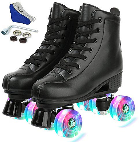 XUDREZ Rollschuhe für Damen, Rollschuhe für Erwachsene, High-Top, PU-Leder, klassisch, zweireihige Rollschuhe, Rollschuhe für Mädchen, Indoor Outdoor Rollschuhe für Anfänger (Flash Wheel, Uk5,5)