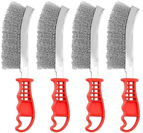 CHUEHKAK Lot de 4 brosses métalliques en acier inoxydable - 240 mm - Brosse métallique - Brosse en acier - Brosses à fil manuel - Poignée courbée - Plastique - Pour la maison, l'atelier et le