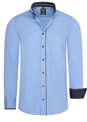 Business-Hemd Langarm Herren Kent-Kragen Stretch Büro Hemd im Lässigen Design Meeting-Hemd mit Kontrast-Elementen 027, Farbe:Blau, Größe S-3XL:L