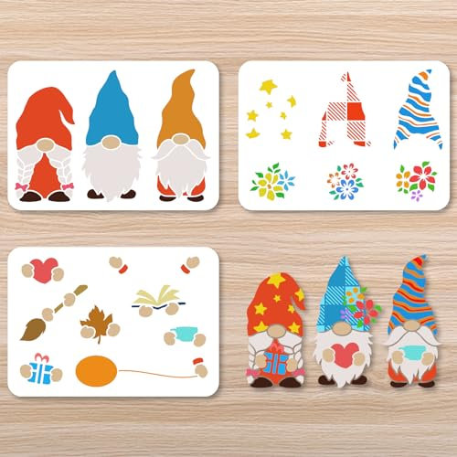 BEUNITONE 3 x geschichtete Zwergen-Schablonen, A4-Größe, Blumenkranz, Malschablonen, wiederverwendbar, Herbst-Zwerg-Schablonen zum Malen, Basteln, Leinwand, Stoff, Heimdekoration, Weihnachten,