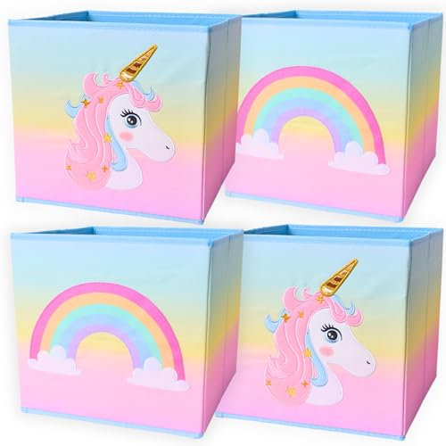 TE-Trend 4 Stück Einhorn Regenbogen Motiv Regal Aufbewahrungsbox Kinder Kinderzimmer Faltbox Aufbewahrungskorb Spielzeugkiste für Mädchen mehrfarbig