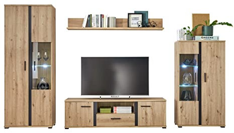 Home4You Wohnwand - Artisan Eiche Dekor - Schwarz - 4-teilig - mit LED-Beleuchtung