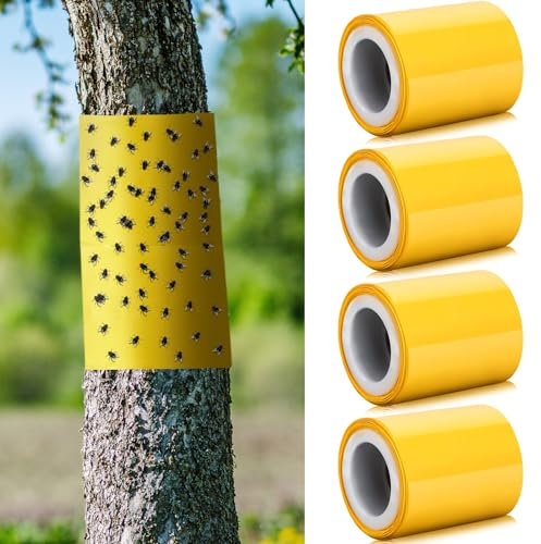 Kittmip 4 Rolls 65 ft Lantern Fly Tree Tape Outdoor Adhesive Crawling Insect Trap Yellow Sticky Traps for Outdoor Indoor Fruit Tree Lawn Garden Control Aphids Ant Moth