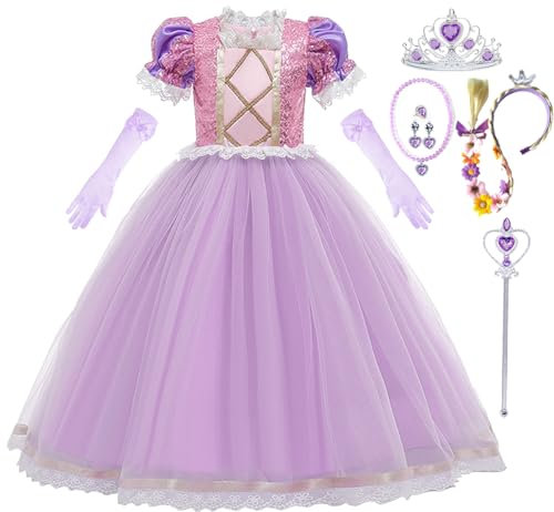 Snyemio Raiponce Robe de Princesse Fille Déguisement Rapunzel Violet Costume Enfant Carnaval Halloween Noël avec Accessoires