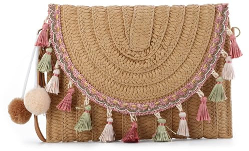 EVEOUT Damen Stroh Clutch Handtasche mit Schultergurte Sommer Gewebte Stroh Schultertaschen mit Quasten Umhängetaschen für Strand Urlaub Reisen Hochzeitstasche
