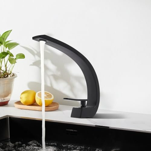 OUBUBY Armatur Badezimmer Schwarz, Wasserfall Waschtischbatterie Küchenarmaturen Einhebelmischbatterie Mischbatterie für Heiß und Kalt Gebogene Armaturen für Küche Bad Esszimmer (Schwarz)