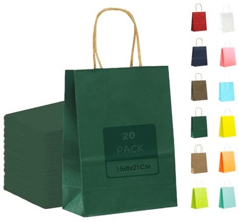 MORAINJAY 20 Stück Geschenktüten mit Henkel,Kraftpapiertüten,15x8x21cm Grün Papiertüten für Geschenkverpackung,Gastgeschenke Tüten für Einkaufen,Hochzeiten,Verpackungen,Kindergeburtstag