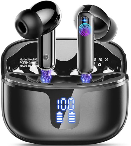 Auriculares Inalámbricos Bluetooth, 2024 Auriculares Bluetooth 5.3 HiFi Estéreo con 4 HD Mic, 40Horas Cascos Inalambricos con Reducción de Ruido, Pantalla LED, 14.2mm Diafragmas, Bass+/IP7 Impermeable