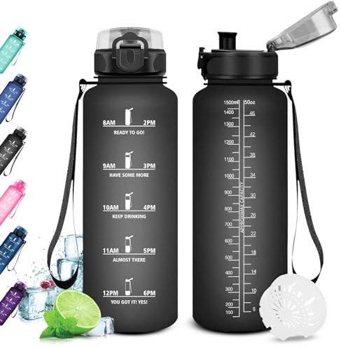 KollyKolla Botella de Agua Deportiva, Botella Agua Gimnasio 1.5 litro, Botella Agua Motivadora, Prueba de Fugas, sin BPA, Reutilizable Cantimplora para Adulto, Gimnasio, Oficina, Gym, Fitness
