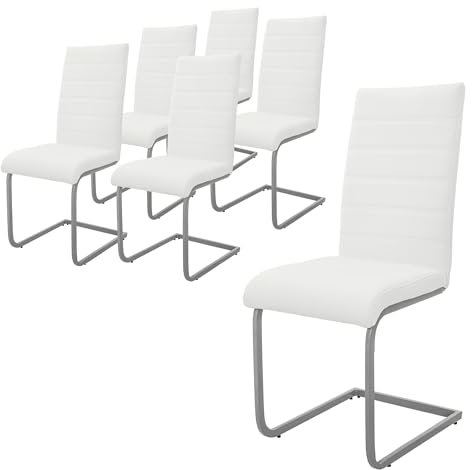 ML-Design Esszimmerstühle 6er Set, Weiß, Schwingstuhl, Freischwinger Stuhl mit hoher Rückenlehne, Ergonomische Küchenstühle aus Kunstleder & Metall, Moderner Polsterstuhl für Esstisch & Wohnzimmer