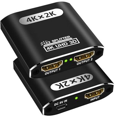 HDMI Splitter, HDMI Splitter 1 in 2 Out for Dual Monitors Supports 4K 3D Full HD 1080P, HD Monitor Adapter Compatible for PS4 Fire Stick HDTV(1 Source to 2 Displays), Aluminum