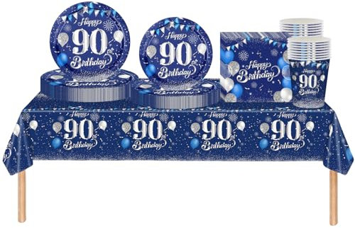 COSORO 69pcs Navy Blue 90th Birthday Decorations for Him/Her, Tableware Set with Tablecloth, Paper Plates, Cups, Napkins & Serviettes for Birthday Party Celebrations