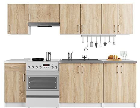 3E 3xE living.com Küchenset: eine Schublade, elf Türen, zwölf Einlegeböden, Farbe: weiß | Sonoma-Eiche, A: B: 240 cm, H: 203 cm, T: 44,5 cm