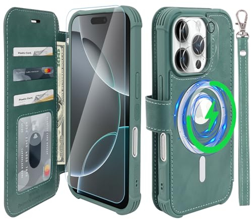 VANAVAGY Wallet Case for iPhone 16 Pro Max for Magsafe,Forest Green | PU Leather Flip,Slim,12ft Drop Protection,RFID Blocking Card Holder,Magsafe Wireless Charging,Includes Screen Protector