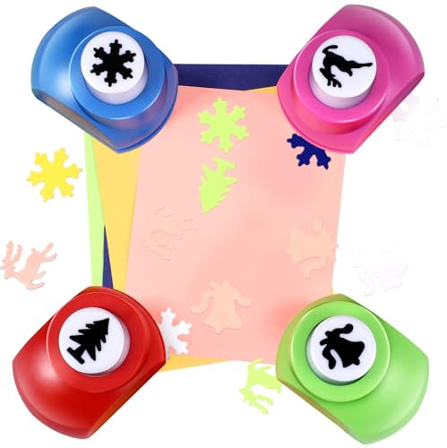 Watersay 4 Pcs Christmas Punch Lever Action, Snowflake Deer Tree Shapes | Paper Craft Punches Ideal for Scrapbooking Cards, Holiday Decorations, Festive Shape Cutters, DIY Projects Gift Tags