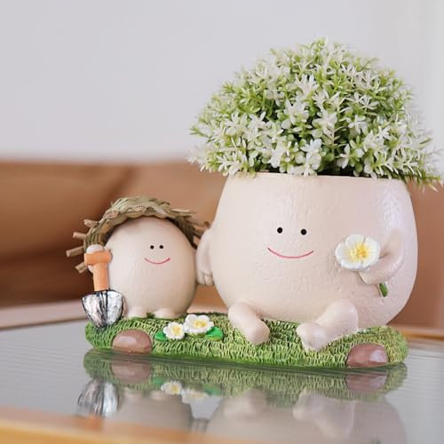 NINIPAPA Cute Smile Face Planter Pot with Drainage Hole Funny Plant Pots for Indoor Outdoor Plants, Head Flower Pots for Succulent String of Pearls Unique Gift on Mother's Day, Birthday, Christmas