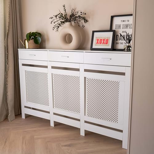 Jack Stonehouse Radiator Cover with Storage Drawer | Traditional Sturdy MDF Wooden Radiator Heater Grill Cabinet Covers For Living Room Bedroom Hallway Furniture (Diamond Slat - White, Large)
