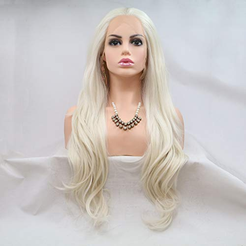 Xiweiya 13x3 Lace Wigs 24 Inches Wavy Long White Wig Platinum Blonde Hair Synthetic Lace Front Wig White Color with Middle Part Heat Resistant Fiber Hair for Women,Drag Queen Cosplay