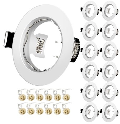 Marco Foco Empotrable, Blanco Redondo Metálica, Incl. Zócalo GU10 Para Lámparas, Agujero 55-70mm, Para Lámparas De Led O Halógena, Marco Empotrado Ojo de Buey, Para Baño Sala Cocina, etc.,12 Pack