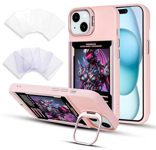 Display-Handyhülle für iPhone 15, integrierter Kameraständer, inklusive 5 Top-Loader und Hüllen, kompatibel mit Topps, Pokémon, Baseball, Basketball, Fußballkarten und Fotos (Rosa)