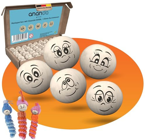 Ananda Goods Holzperlen mit Gesicht 25mm – Holzkugeln mit Gesicht zum Auffädeln [5 Gesichter] für Sorgenwürmchen, Glückswürmchen, DIY Schlüsselanhänger & Glücksbringer (60Stück)