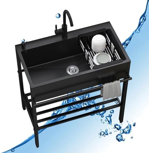 Fregadero de Acero Inoxidable 304,Fregadero Cocina Negro 1 Senos,con Agua Fria y Caliente Grifo y DesagüE,Fregadero Portatil Camping,Lavadero Pila Exterior,para Jardin Cuarto de Lavado(60*45*86cm)
