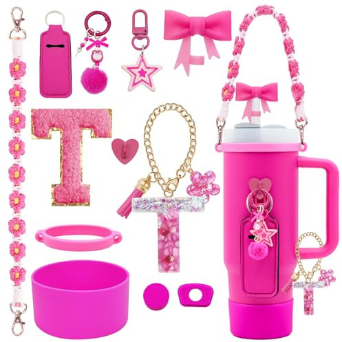 XIANGYUAN 11PCS Cup Accessories Set for Stanley Cup 30oz 40oz Tumbler with Handle,Including Water Bottle Handle Strap,Straw Topper Cover and Boot,Initials Letter Charms for Handle (Rose pink T)