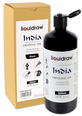 Liquidraw Black Drawing India Ink - 16.91 fl oz / 500 ml | Must-Have Artist Supply | Non-Toxic, Waterproof & Permanent | Suitable for Pens & Brushes | Use On Paper Board, Canvas, Fabric & Wood