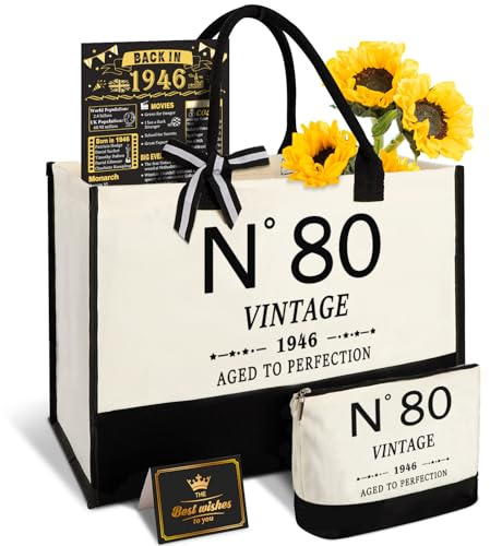 Amosking Canvas-Tragetasche zum 80. Geburtstag, Reiseausrüstung, einzigartiges 80-jähriges Geschenk für Ehefrau, Schwester, Mutter, Tante, Freunde, sie, Vintage-Handtasche Nr. 80, Kosmetiktasche und