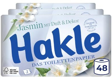 Hakle Toilettenpapier mit Jasminduft & Dekor - 48 Rollen, 3-lagiges Klopapier, 150 Blatt pro Rolle, WC Papier mit 60% recycelte Verpackung, FSC-zertifiziert