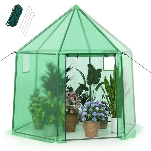 HOMASIS Invernadero de Jardín 198 x 172 x 190 CM, Invernadero de Exterior con Cubierta de Polietileno, Puerta Enrollable, Ventana, 3 Cuerdas y 4 Clavos, Greenhouse Exterior para Plantas y Flores