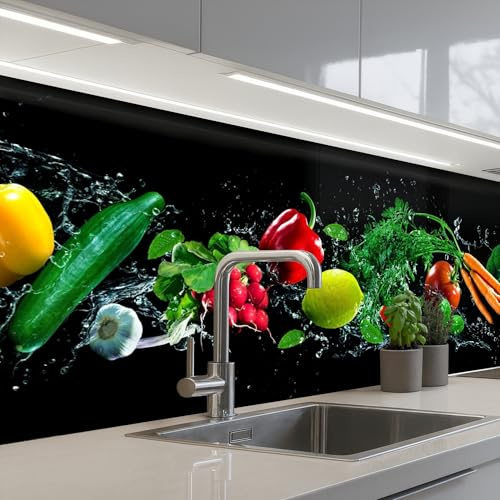 KitchenYeah© Küchenrückwand Selbstklebend Küchenspritzschutz Rückwand | 60x200 cm - Wandschutz Ohne Bohren Spritzschutz Wand Wandverkleidung Gemüse - Spritzer - Schwarz
