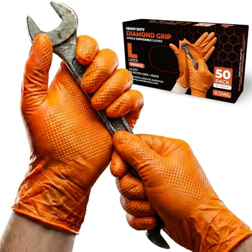 PRAIMA 50 Stück, Einweghandschuhe, Diamant Grip - Gr. L, Puderfrei & Latexfrei Einmalhandschuhe, Extra Dicke und Starke, Nitrilhandschuhe, Arbeitshandschuhe für Werkstatt, Kfz & Industrie
