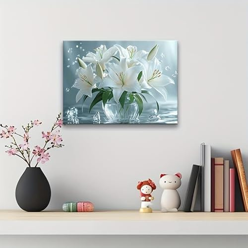 JKEVCBIAX Leinwandbild „Weiße Lilie“ – Eleganter Wassertropfen-Hintergrund, für elegante Wanddekoration im Wohnzimmer (40 x 60 cm/ohne Rahmen)