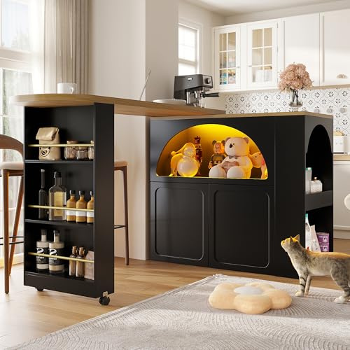 Bladez Ausziehbarer Bartisch mit Stauraum, Moderner Beweglicher Bar Table mit Rollen, Teleskopischer Bartisch mit LED Hochtisch Kücheninsel, Drehbares Sideboard Essbar (C-Schwarz LED)
