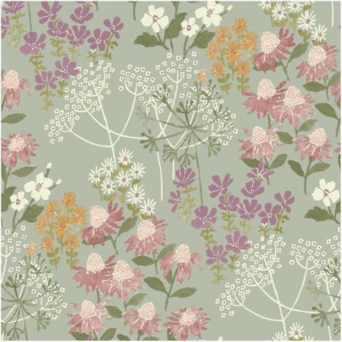 Sage Green Wildflower Wallpaper – Soft Botanical Meadow Floral Design with Pink, White and Orange Flowers – Nature Inspired Decorative for Living Room, Bedroom or Feature Wall