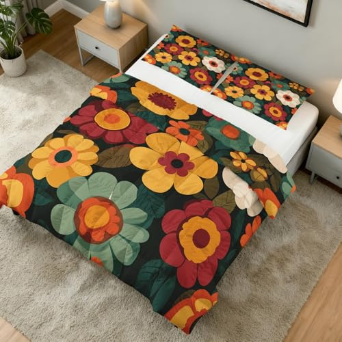 Retro 70er Bettdecke 135x200 4 Jahreszeiten, Hippie Groovy Vintage Bettdecke Ohne Bezug Warm Steppdecke Ganzjahresdecke Winterdecke Mit Kissenbezug, Schlafzimmer Deko Retro 70er