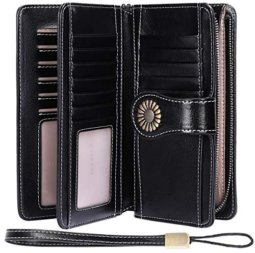 Portefeuille Femme Cuir Grande Capacite Porte Monnaie Femmes RFID Blocage, Grand Portefeuille Femmes XXL avec Emplacements Cartes et Fermeture Eclair, Compagnon Portefeuilles Chequier (Noir)