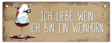 Honeycorns Metallschild mit Einhorn Motiv und Spruch: Ich liebe Wein ich bin ein Weinhorn