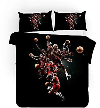 EU-VV Bettwäscheset 3-teilig Fashion Basketball Michael Jordan Bettwäscheset Für Kinder Im Teenageralter Biber (135x200cm(1.2M Bed),Schwarzes Phantom)
