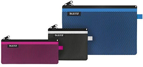 Leitz 3-er Set Leitz WOW Mäppchen mit 2 Fächern, Ideal zur Organisation, Leichtläufiger Reißverschluss, Abwaschbares Nylonmaterial, Größe S (schwarz), M (pink) und L (blau), 40150099