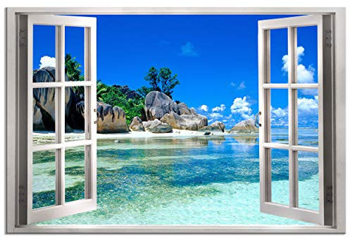 decomonkey - Impression sur Toile Mer Nature Fenetre 120x80 1 Pièce - Tableau Décoration Appartement Déco Salon Peinture sur Toile Paysage été mer nature ciel plage vue depuis la fenêtre