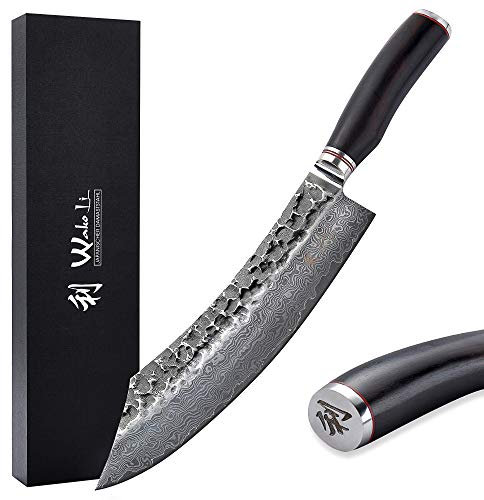 Wakoli EBO Premium Blockmesser mit 25 cm Klinge und Hammerschlag gefertigt aus 67 Lagen echtem Damaststahl mit schwarzer Eichenholzgriff I Damastmesser Küchenmesserset und Profi Kochmesser