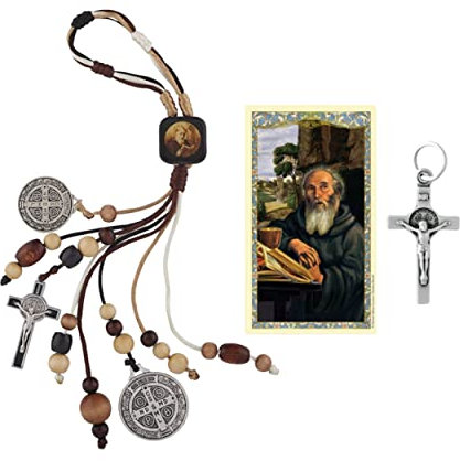 H HOLLY LINES St Benedict Catholic Door Hanger Home Blessing Kit includes St. Benedict Devil Chasing Protection Medals, Wooden Beads & Crucifix, Card.