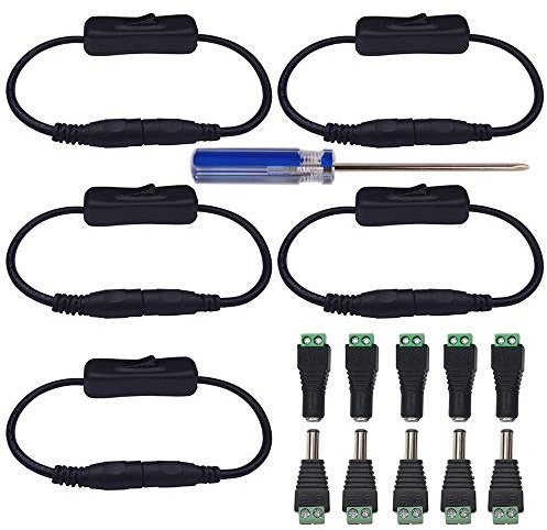 GTIWUNG 5 Paires de 5.5 mm x 2.1 mm DC connecteur d'alimentation mâle et Femelle de 12 V Adaptateurs Prise pour caméra de vidéosurveillance Système de sécurité lumière LED+5 Pcs Commutateur DC Jack